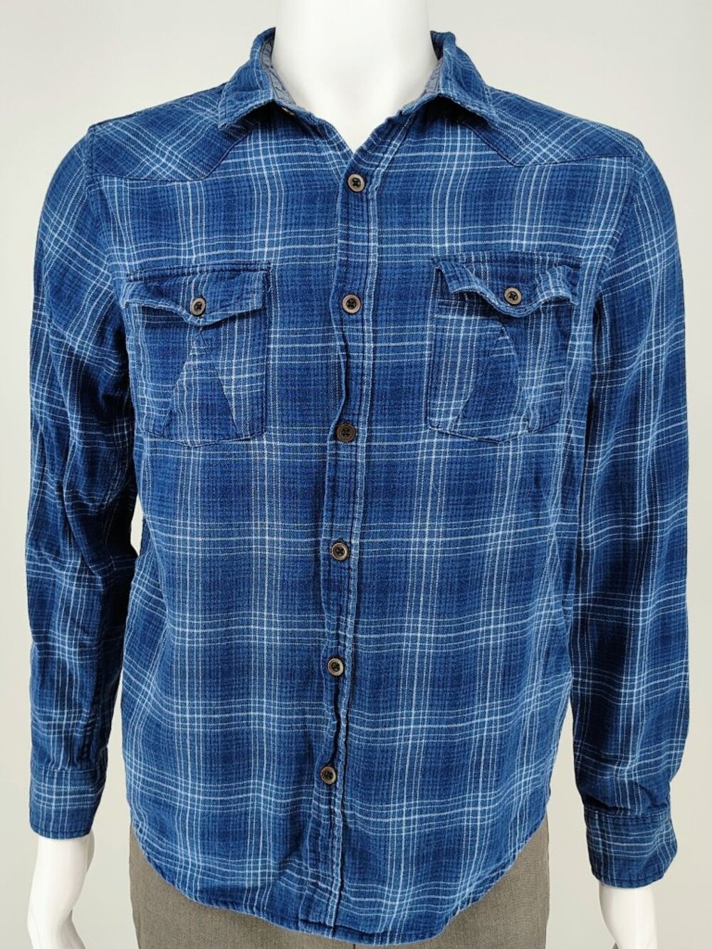 RF Brand MFG Mens Blue Plaid Long Sleeve Button-Up Flannel Shirt (Small)